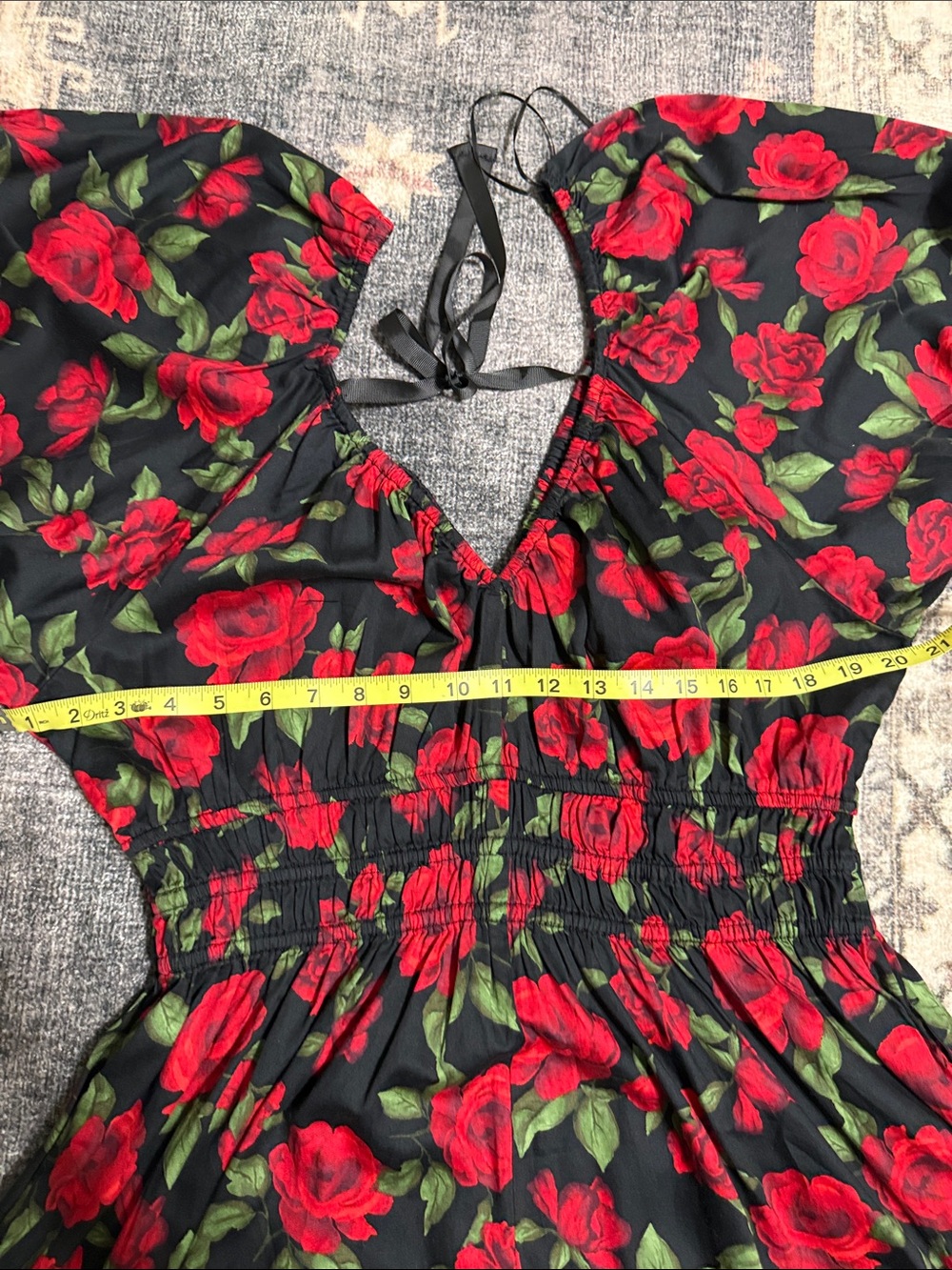 Old Navy Black Midi Dress with Red Rose Print and Puff Sleeves - Picture 7 of 7